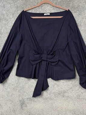 Meaneor Blouse 2XL Blue Bow Front Balloon Sleeve Boat Neck Party Chic Whimsigoth